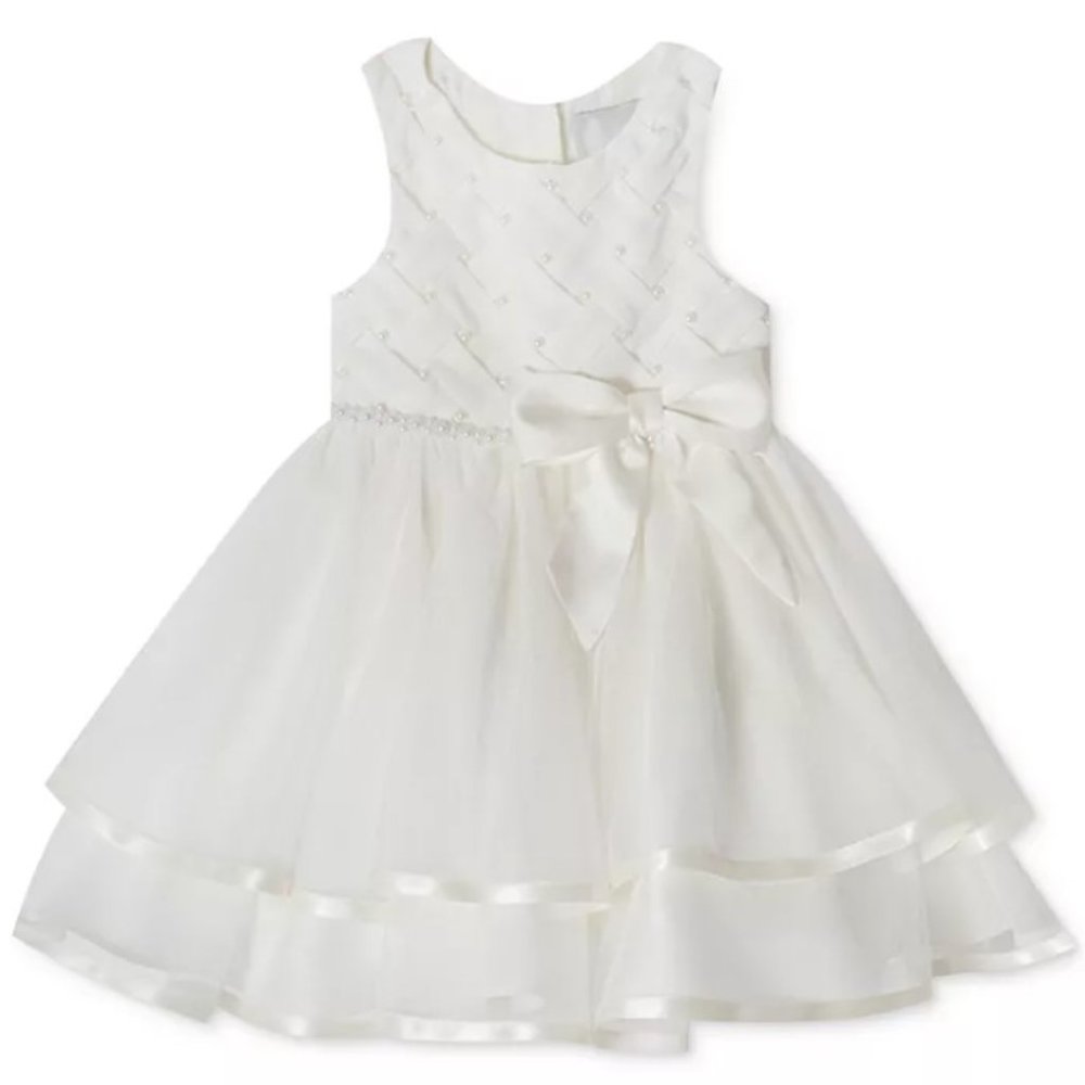 Rare Editions Baby Girls Ruffle Tiered Ribbon Pearl Sleeveless Dress Ivory 12M